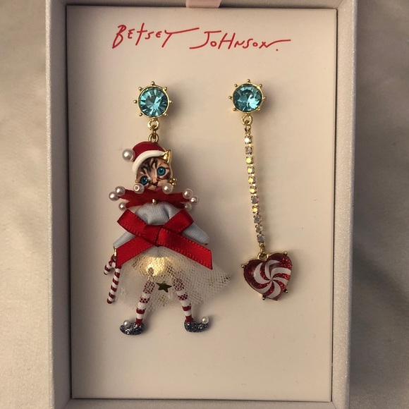 Betsey Johnson Jingle Bell Bling Christmas Cat & Heart Mismatch Drop Earrings - Picture 11 of 14